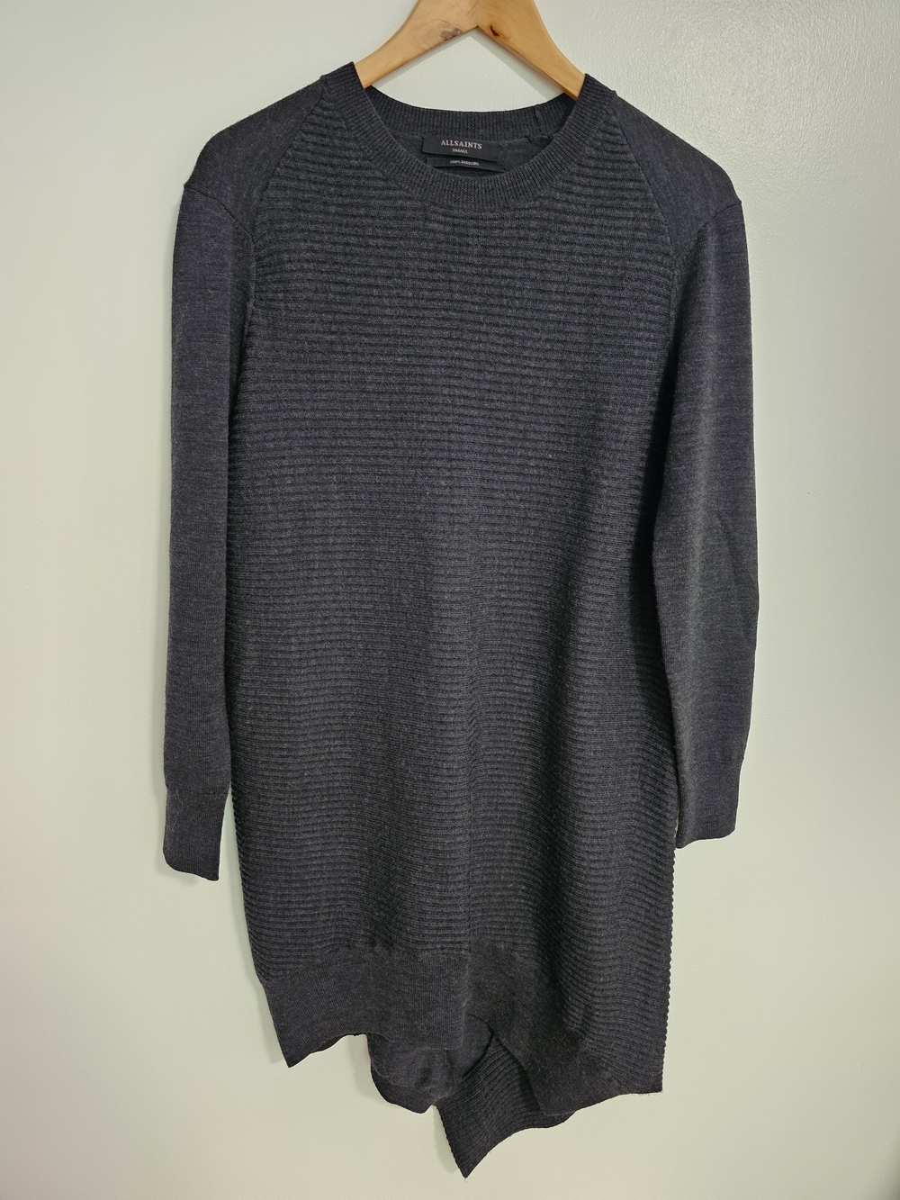 All Saints 100% Merino Wool Womens Charcoal Ribbed Knit Sweater Dress Size Small